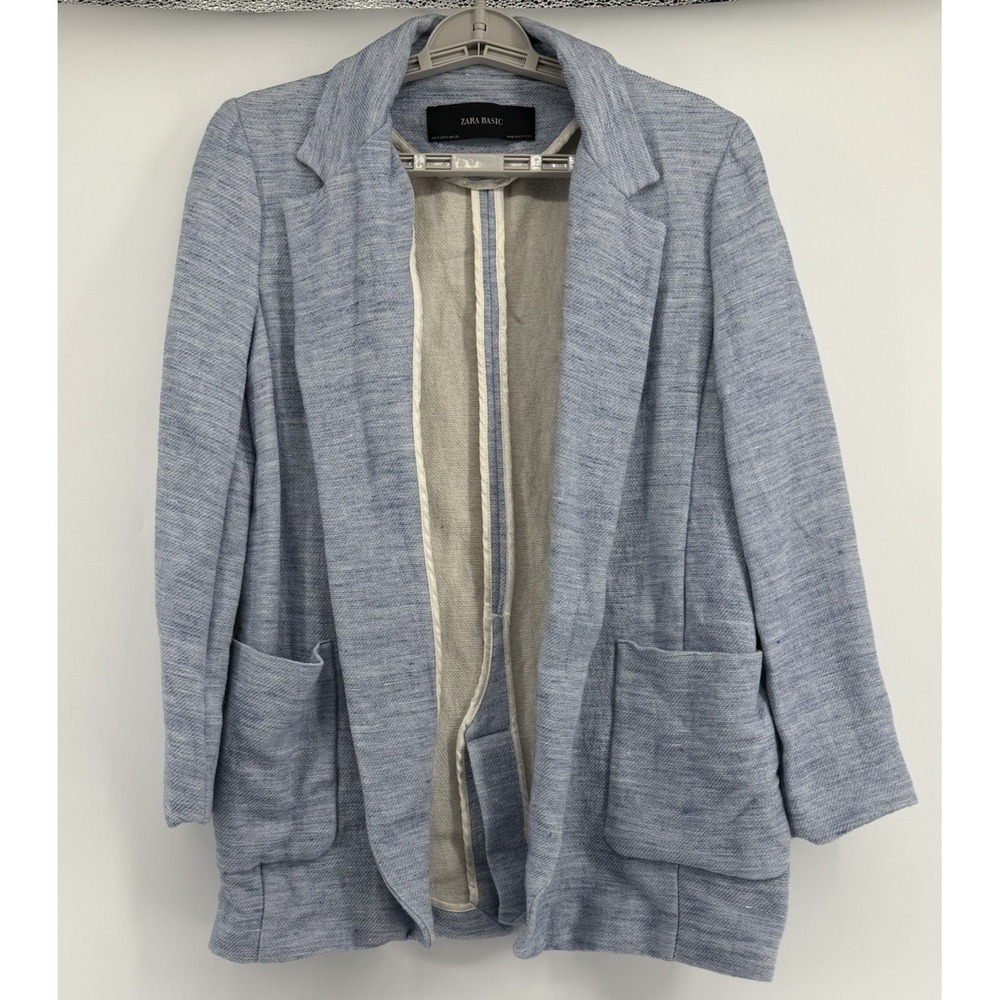 Zara Blue Linen Blend Open Blazer Jacket Women's Size Small